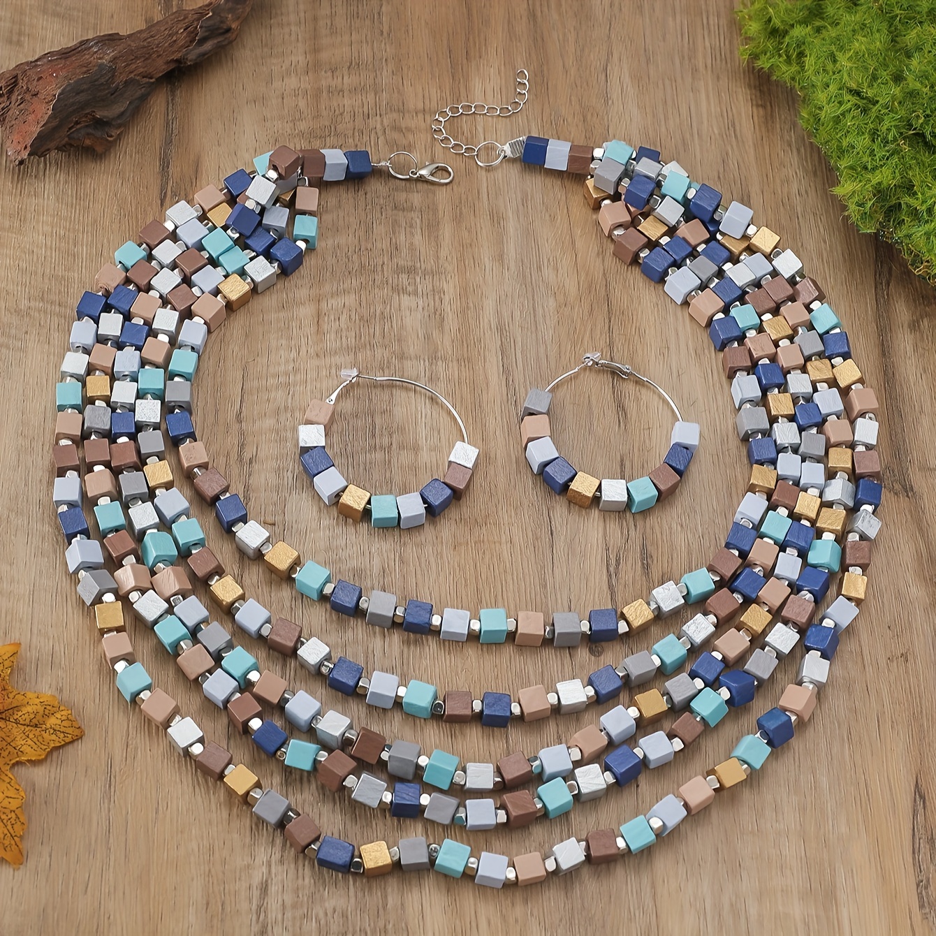 Square Bead Necklace Layer Ethnic Style Sweater Chain Earring Set